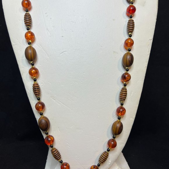 Hallmark Jewelry - Vintage Single Strand Gold Tone Wooden & Orange Plastic Bead Necklace 33" (3893)